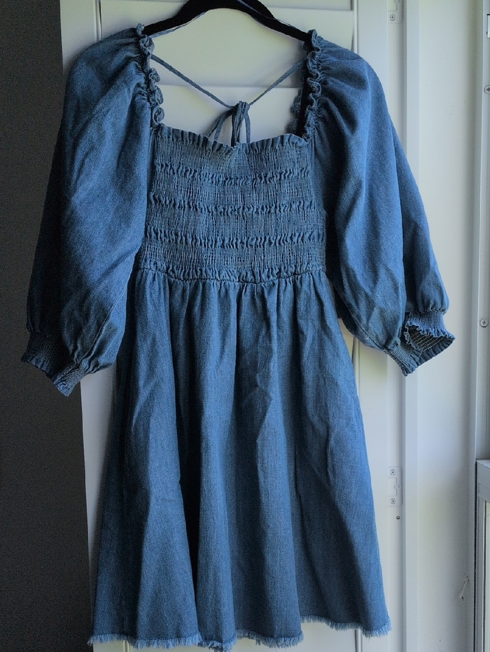 Smocked Denim Puff Sleeve Mini Dress with Pockets- Blue
